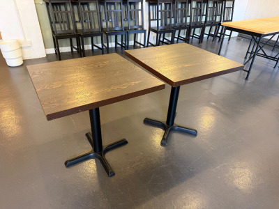 10 x Dark Wood Square Tables with Black Metal Legs. Size H74 x W70 x D70cm.