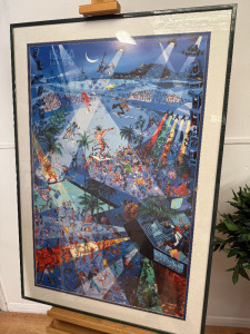 Ibiza Lanoche 'After Dark' Party Scene Poster, By John Lodi, Framed, Glazed & Mounted by Norman Herringshaw. Size H114 x W89cm.