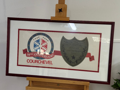 50 Year Anniversary Picture of Courchevel Savoie France & Moet Chandon Cuvee Dom Perigon Vintage Champagne Shield Shaped Label. Framed, Glazed & Mounted. Size H44 x W77cm.
