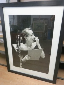 Joan Crawford in Monochrome with NBC Microphone. Mounted, Framed & Glazed. 113cm x 151cm.