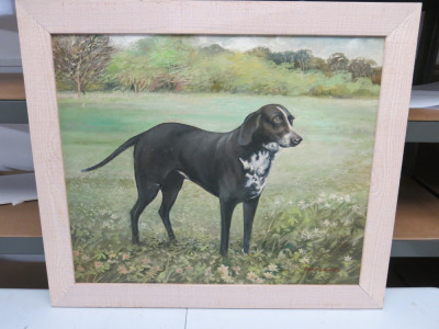 Oil on Board of a Black Dog Standing in a Field, Signed by the Artist John D Sutton 83.