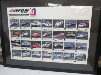 Montage of Avon Tyres British GT Racing Cars from 2008, with 16 Driver Signatures. Framed & Glazed. 104cm x 79cm.