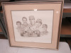 Print of a Pencil Drawing of Formula 1 Car & Drivers - Alan Prost, Nigel Mansell, Damon Hill, Ayton Senna & Michael Schumacher. Mounted, Framed & Glazed. 59cm x 52cm.