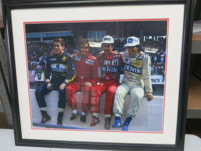 Photograph "Wall of Champions" Ayrton Senna, Alain Prost, Nigel Mansell, Nelson Piquet. Signed over the images of Mansell. Mounted, Framed & Glazed. 66cm x 56cm.