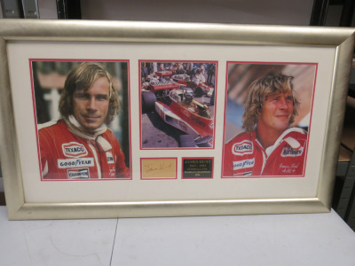 Framed & Glazed Images of James Hunt Formula One World Champion 1976. Signed Card in Frame.