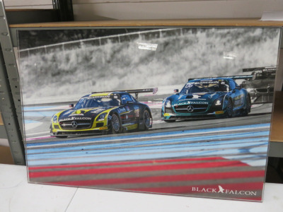 Perspex Image of 2 x Black Falcon Mercedes AMG Racing Cars.