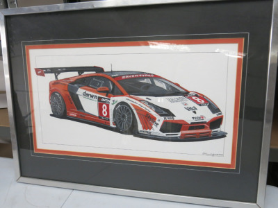 Framed & Glazed Print of a Lamborghini in Racing Trim, NM Cunningham. Mounted, Framed & Glazed. Size 73cm x 53cm.