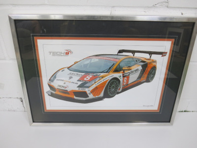 Framed & Glazed Print of a Lamborghini in Racing Trim, NM Cunningham. Mounted, Framed & Glazed. Size 73cm x 53cm.