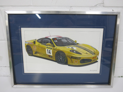 Framed & Glazed Print of a Ferrari in Racing Trim, NM Cunningham. Mounted, Framed & Glazed. Size 73cm x 53cm.