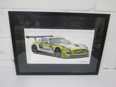 Framed & Glazed Print of a Mercedes in Racing Trim, NM Cunningham. Mounted, Framed & Glazed. Size 73cm x 53cm.
