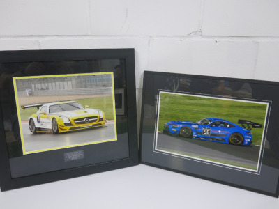 2 x Mounted, Framed & Glazed Prints of a Mercedes in Racing Trim. Size 55 x 51& 56 x 41cm.