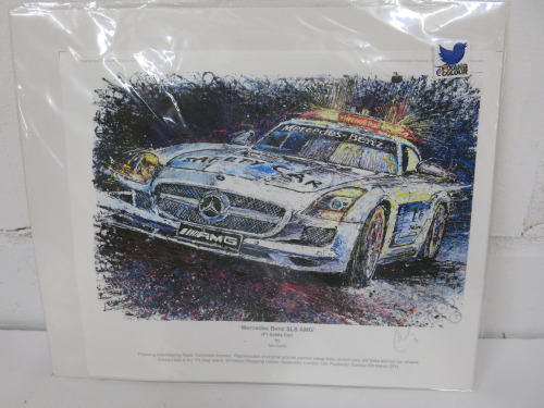 Ian Cook Original Print of Mercedes Benz SLS AMG, Size 28 x 23cm.