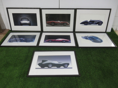 Set of 7 Mounted, Framed & Glazed Prints of Super Cars to Include: Mercedes, Bentley, Ferrari, Bugatti & Jaguar. Size 53 x 73cm. NOTE: 5 require reglazing.