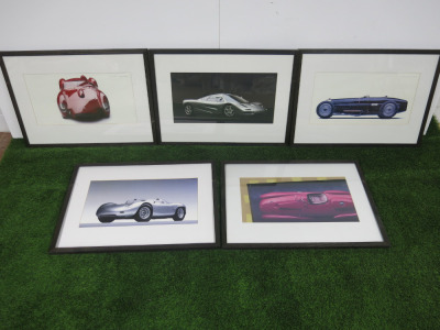 Set of 5 Mounted, Framed & Glazed Prints of Super Cars to Include: Ferrari, McLaren, Porsche & Bugatti. Size 53 x 73cm. NOTE: 1 requires reglazing & 1 requires backing.