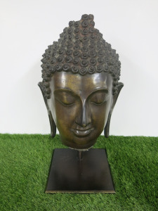Thai Buddha Head Cast Bronze Figure Statue on Metal Base, Size H50cm . NOTE: head appears damaged (As Viewed/Pictured).