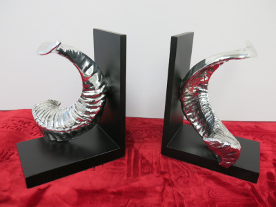 Pair of Chrome Effect Ram Horn Book Ends, Size H25cm.