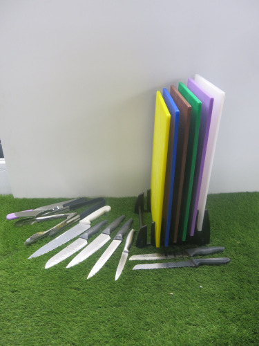 Lot of Kitchen Equipment to Include: Set of 6 x Hygiplas Cutting Boards with Stand, 9 x Assorted Knives & 2 x Tongs.