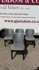 4 x Grey Faux Leather Curved Back Padded Dining Chairs on Black Wooden Frame.