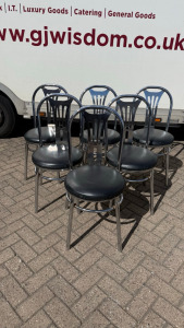 12 x Chrome Frame Chairs with Black Faux Leather Seats. NOTE: 2 require upholstering.