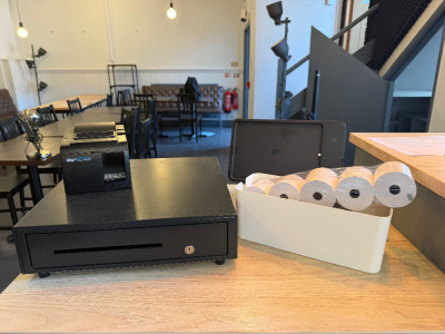 Lot of Till Items to Include: Cash Register (no key), Tablet Stand, Printer, Receipt Paper & Wires.