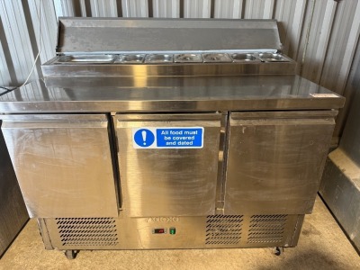 Adexa 3 Door Stainless Steel Prep Fridge, Model P33, S/N 774800001.
