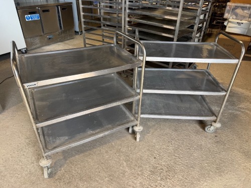 2 x Vogue Stainless Steel Trolleys with Two Shelves Under.