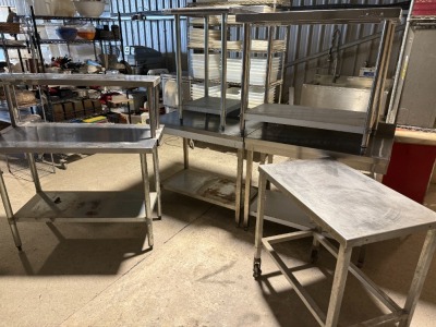 6 x Assorted Size and Style of Stainless Steel Prep Tables, with Additionl Shelf Over. Sizes are 2x 100cm x 60cm with Back Splash, 1 x !00cm x 60cm No Back Splash, 1 x 60cm x 60cm With Back Splash, 1 x 120cm x 60 with Shelf Over.