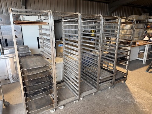 5 x Mobile Bakers Trollies to Include: 4 x 18 Rack Stainless Steel Bakers Racks (52cm x 77cm x 180cm) & 1 x 12 Rack Stainless Steel Bakers Rack (54cm x 50cm x 170cm).