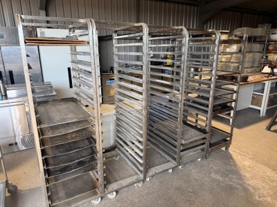 5 x Mobile Bakers Trollies to Include: 4 x 18 Rack Stainless Steel Bakers Racks (52cm x 77cm x 180cm) & 1 x 12 Rack Stainless Steel Bakers Rack (54cm x 50cm x 170cm).