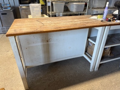2 x Wood Workbenches with Stainless Steel Shelves. Size 125cm x 79cm x 90cm.