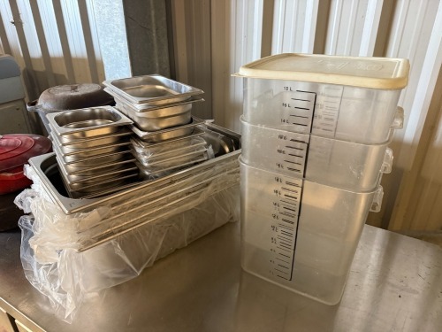 Quantity of Genware & Vogue Stainless Steel Bain Marie and Servery Inserts with 3 x Rubbermaid 18L Bins Storage Containers.