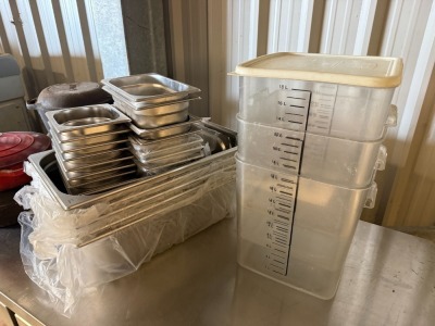 Quantity of Genware & Vogue Stainless Steel Bain Marie and Servery Inserts with 3 x Rubbermaid 18L Bins Storage Containers.