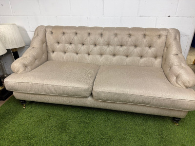 Herringbone Natural Fabric, Button Backed Sette on Front Brass Castors. Size H90 x W190 x 90cm.