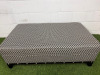 Large Rectangular Footstool in Black & White Geometric Pattern Upholstery with Metallic Stud Detail on Black Wooden Leg Base. Size H43 x W120 x D75cm. - 2