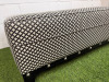 Large Rectangular Footstool in Black & White Geometric Pattern Upholstery with Metallic Stud Detail on Black Wooden Leg Base. Size H43 x W120 x D75cm. - 3
