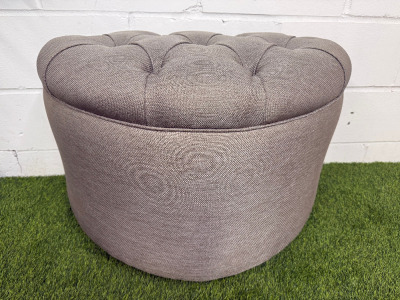 Quality Grey Material Half Circle Pouffe/Stool with Button Detail. Size H50 x W77 x D40cm.