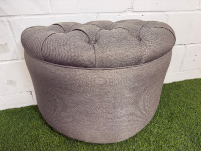 Quality Grey Material Half Circle Pouffe/Stool with Button Detail. Size H50 x W77 x D40cm.