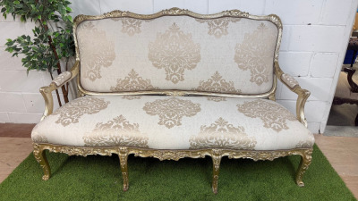 Antique French Rocco Style Giltwood Canap (3 Seater Settee) with Antique Gold Colour Ornate Wood Frame & Cream/Gold Damask Pattern Upholstery. Size H115 x W180 x D80cm.