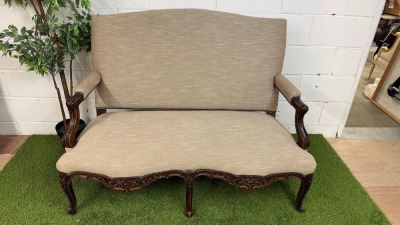 Antique French Louis XV Style Canap (3 Seater Settee) in Walnut Colour Carved Wood with Neutral Beige Fabric Upholstery. Size H106 x W140 x D80cm.