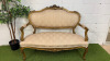 Antique French Louis XV Style Giltwood Settee in Gold Ornate Carved Wood with Soft Patterned Damask Upholstery. Size H96 x W121 x D65cm.