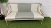 A French Louis XVI Style 2 Seater Love Seat in Ornate Antique Silver Carved Wood Frame with Two Tone Cream & Grey Upholstery. Size H75 x W126 x D52cm.