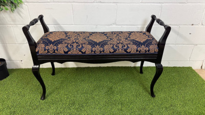 Vintage Style Vanity Bench in Black Painted Wood with Dark Blue Navy & Gold Upholstery. Size H56 x W110 x D40cm.