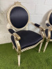 Pair of Louis XVI Style Carved Gilt Armchairs in White with Gold Painted Detail & Royal Blue Satin Upholstery with Three Rose Finial to Top. - 2