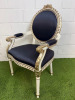 Pair of Louis XVI Style Carved Gilt Armchairs in White with Gold Painted Detail & Royal Blue Satin Upholstery with Three Rose Finial to Top. - 3