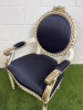 Pair of Louis XVI Style Carved Gilt Armchairs in White with Gold Painted Detail & Royal Blue Satin Upholstery with Three Rose Finial to Top. - 4