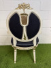 Pair of Louis XVI Style Carved Gilt Armchairs in White with Gold Painted Detail & Royal Blue Satin Upholstery with Three Rose Finial to Top. - 5