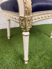 Pair of Louis XVI Style Carved Gilt Armchairs in White with Gold Painted Detail & Royal Blue Satin Upholstery with Three Rose Finial to Top. - 12