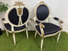 Pair of Louis XVI Style Carved Gilt Armchairs in White with Gold Painted Detail & Royal Blue Satin Upholstery with Three Rose Finial to Top. - 13