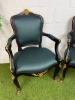 Pair of Regency Style Gilt & Black Lacquered Armchairs with Forest Green Satin Upholstery in Classic French Regency Style. NOTE: arm requires glued, missing a few nails. - 2