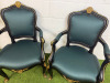 Pair of Regency Style Gilt & Black Lacquered Armchairs with Forest Green Satin Upholstery in Classic French Regency Style. NOTE: arm requires glued, missing a few nails. - 3